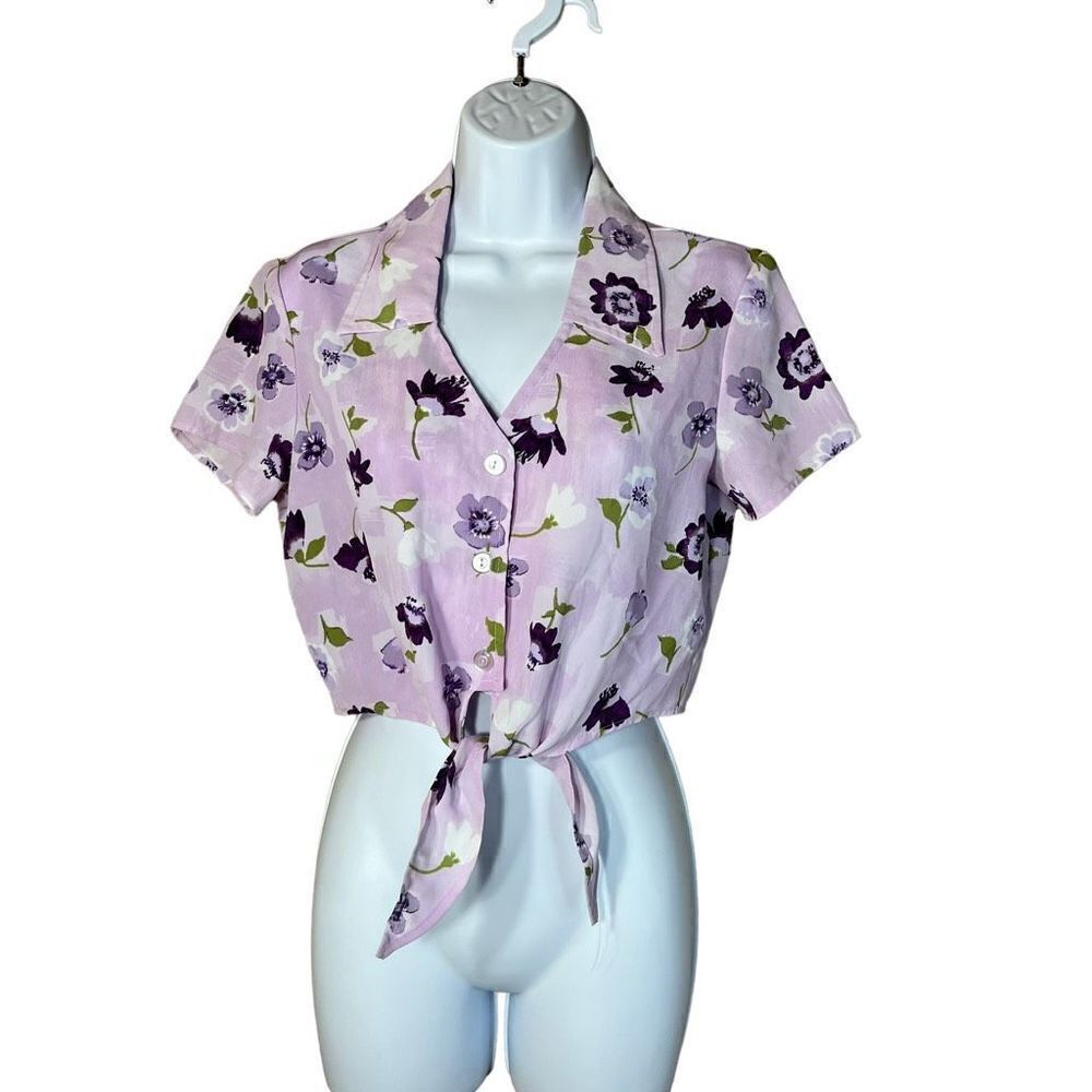 Vintage Hana Cropped button down tie front short sleeve top‎